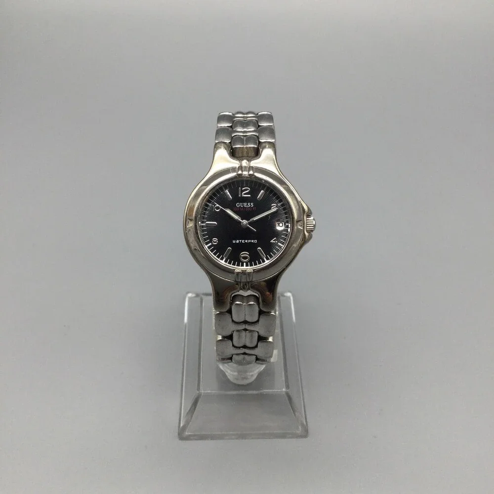 Vintage Guess Womens Watch 25mm Silver Tone Black Dial Date New Battery 6.5